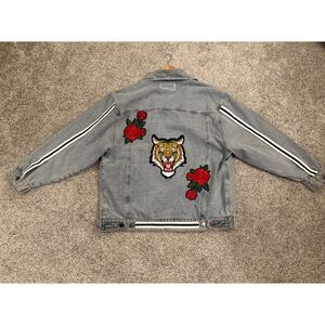 Revel Tiger Rose Denim Jean Jacket Sz SM